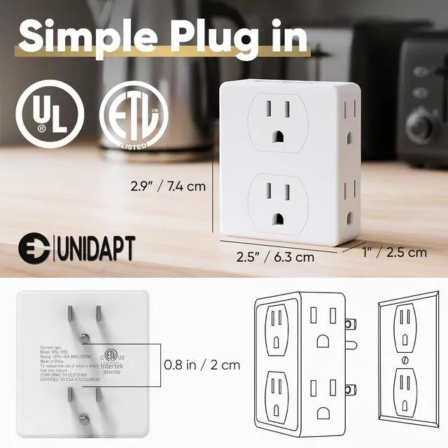 Alt view image 5 of 7 - Multi Plug Outlet Splitter, Multiple Outlets Extender Adapter with 6 AC Power Socket, Side Splitter Box, Wall Tap Plug Expander for Home Hotel Office Dorm Essentials, 2-Pack