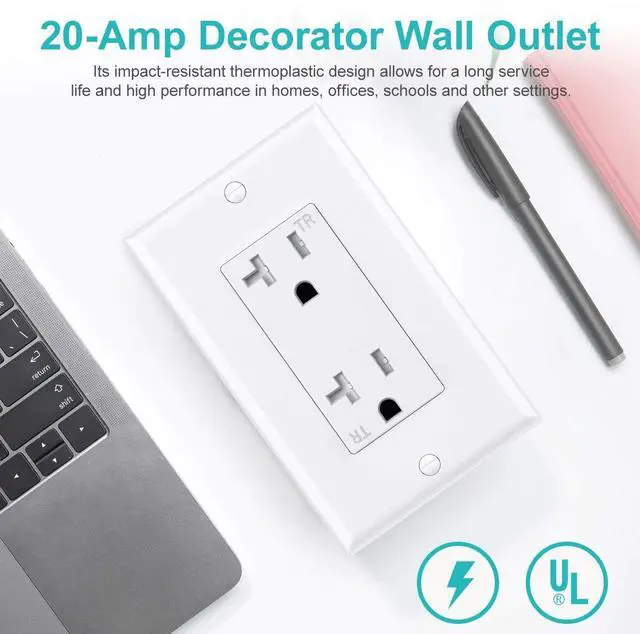 Alt view image 2 of 7 - 20A Decorator Receptacle Outlet, Decorative Wall Socket Outlet, 20 Amp 125 Volt, Tamper Resistant, Grounding UL Listed White 10pack