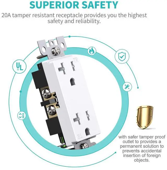Alt view image 3 of 7 - 20A Decorator Receptacle Outlet, Decorative Wall Socket Outlet, 20 Amp 125 Volt, Tamper Resistant, Grounding UL Listed White 10pack