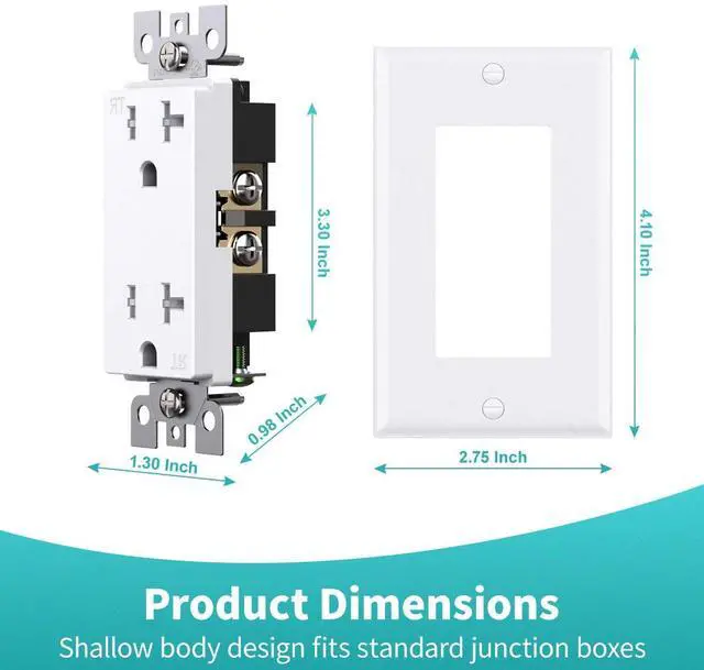 Alt view image 4 of 7 - 20A Decorator Receptacle Outlet, Decorative Wall Socket Outlet, 20 Amp 125 Volt, Tamper Resistant, Grounding UL Listed White 10pack