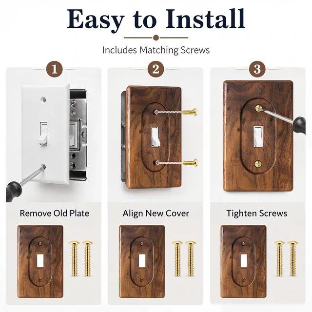 Alt view image 3 of 6 - 2 Pcs Walnut Wood Switch Cover Brown Light Switch Cover Wooden Decorative Outlet Vintage Wall Plates for Rustic Contemporary Home Bedroom Kitchen(Single Toggle,3 x 4.7 in)