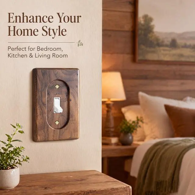 Alt view image 6 of 6 - 2 Pcs Walnut Wood Switch Cover Brown Light Switch Cover Wooden Decorative Outlet Vintage Wall Plates for Rustic Contemporary Home Bedroom Kitchen(Single Toggle,3 x 4.7 in)