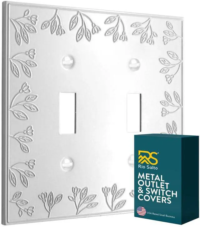 Main image of Toggle Light Switch Cover Plate Double Toggle Flip Switch Outlet Covers Wall Plates 2 Light Switch Cover Plate White Flower Wall Plate Metal Floral Collection, Midsize 5.00" X 5.00"