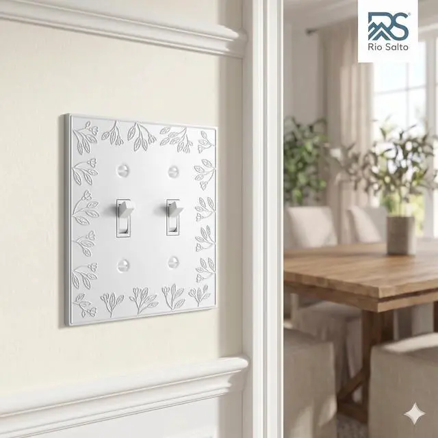 Alt view image 2 of 7 - Toggle Light Switch Cover Plate Double Toggle Flip Switch Outlet Covers Wall Plates 2 Light Switch Cover Plate White Flower Wall Plate Metal Floral Collection, Midsize 5.00" X 5.00"