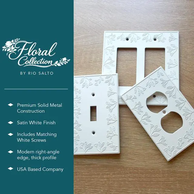 Alt view image 3 of 7 - Toggle Light Switch Cover Plate Double Toggle Flip Switch Outlet Covers Wall Plates 2 Light Switch Cover Plate White Flower Wall Plate Metal Floral Collection, Midsize 5.00" X 5.00"