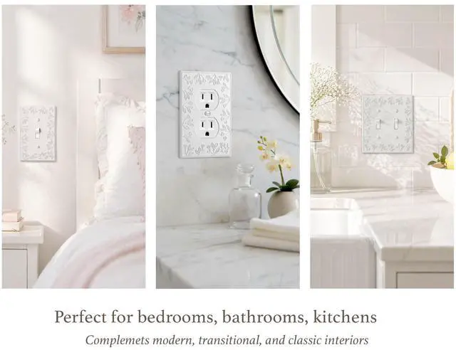 Alt view image 6 of 7 - Toggle Light Switch Cover Plate Double Toggle Flip Switch Outlet Covers Wall Plates 2 Light Switch Cover Plate White Flower Wall Plate Metal Floral Collection, Midsize 5.00" X 5.00"