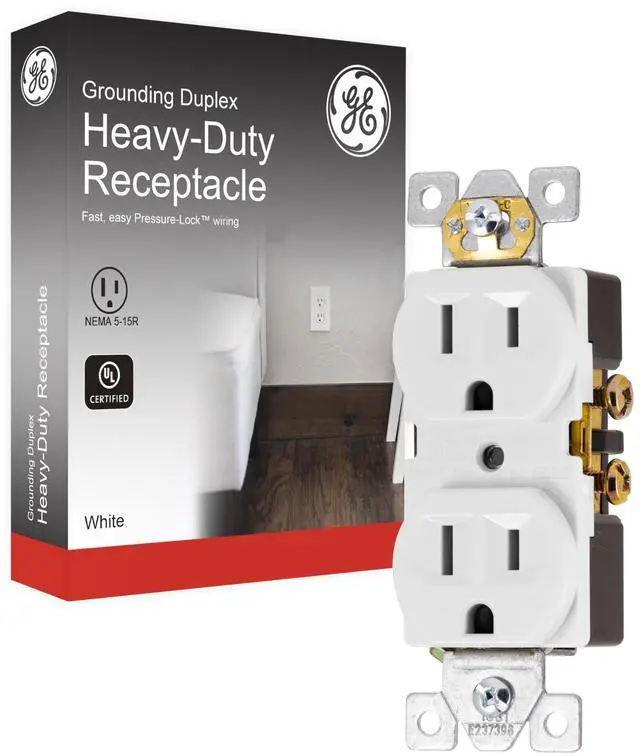 Main image of UltraPro Duplex Heavy-Duty Receptacle, White, Wall Outlet, Reinforced Yoke, Self-grounding Clip, 3 Prong, Supports 15A, UL Listed, 42157