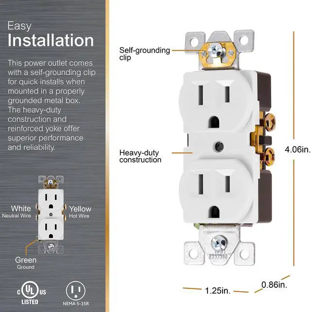 Alt view image 2 of 7 - UltraPro Duplex Heavy-Duty Receptacle, White, Wall Outlet, Reinforced Yoke, Self-grounding Clip, 3 Prong, Supports 15A, UL Listed, 42157