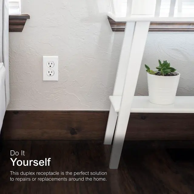 Alt view image 3 of 7 - UltraPro Duplex Heavy-Duty Receptacle, White, Wall Outlet, Reinforced Yoke, Self-grounding Clip, 3 Prong, Supports 15A, UL Listed, 42157