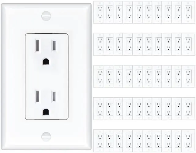 Main image of 50 Pack Wall Outlet, 15 Amp Outlets, UL Listed, Tamper Resistant Standard Electrical Outlet, Decorator Receptacle with Wall Plate, Suitable for Home and Business, 125V/1875W, White