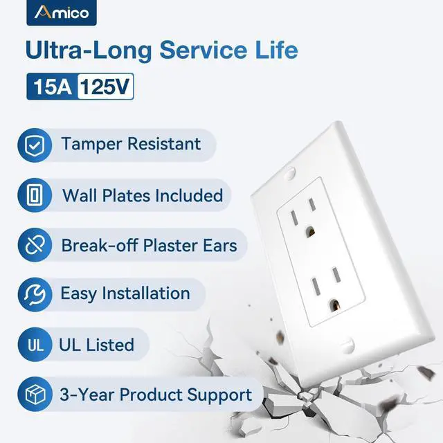 Alt view image 2 of 7 - 50 Pack Wall Outlet, 15 Amp Outlets, UL Listed, Tamper Resistant Standard Electrical Outlet, Decorator Receptacle with Wall Plate, Suitable for Home and Business, 125V/1875W, White
