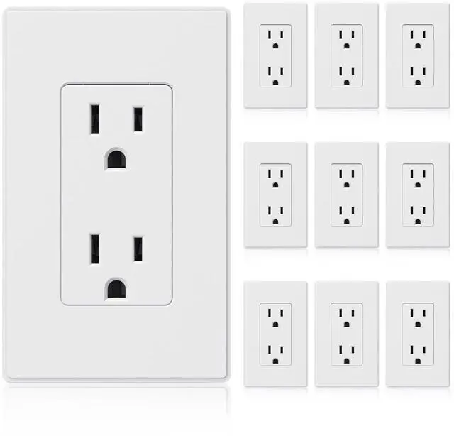 Main image of Matte White Standard Decorator Electrical Wall Receptacle Outlet, 15A 125V, 2 Pole 3 Wire, Non-Tamper Resistant, NEMA 5-15R, Self-Grounding, Wall Plate Included, UL Listed, 10 Pack