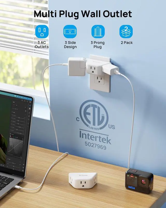 Alt view image 2 of 7 - Multi Plug Outlet Extender 2 Pack - Electrical Wall Splitter, 3 Way Angled Wall Outlet Adapter, Cruise Essentials, ETL Listed, Small Multiple Plug Expander for Bathroom Kitchen Office, White