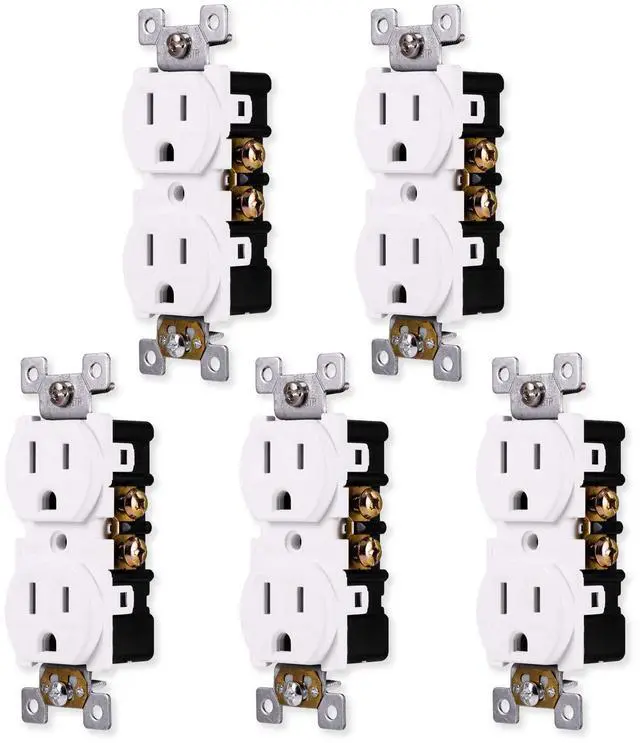 Main image of Grounding Duplex 5 Pack, in Wall Receptacle, Tamper Resistant, 3 Prong Socket, Easy Install, 15 Amp, UL Listed, White, 41869