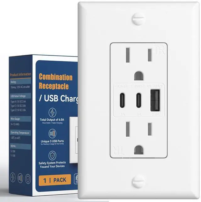 Main image of 6.0A USB Outlet, 3-Port 30W Wall Outlets with 2 Type C & 1 Type A, 15 Amp Receptacle Plug, Tamper Resistant Receptacle, Wall Plate Included, ETL Listed, White, 1 Pack