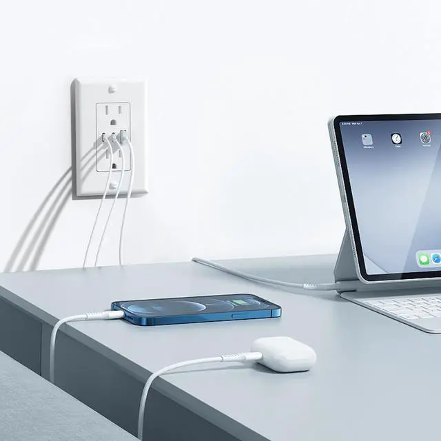Alt view image 7 of 7 - 6.0A USB Outlet, 3-Port 30W Wall Outlets with 2 Type C & 1 Type A, 15 Amp Receptacle Plug, Tamper Resistant Receptacle, Wall Plate Included, ETL Listed, White, 1 Pack