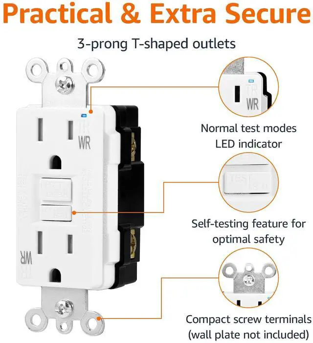 Alt view image 2 of 4 - Weather-Resistant Tamper-Resistant GFCI Receptacle with LED Indicator, Self-Test, Ground Fault Circuit Interrupter for Indoor or Outdoor Use, 15 Amp, White