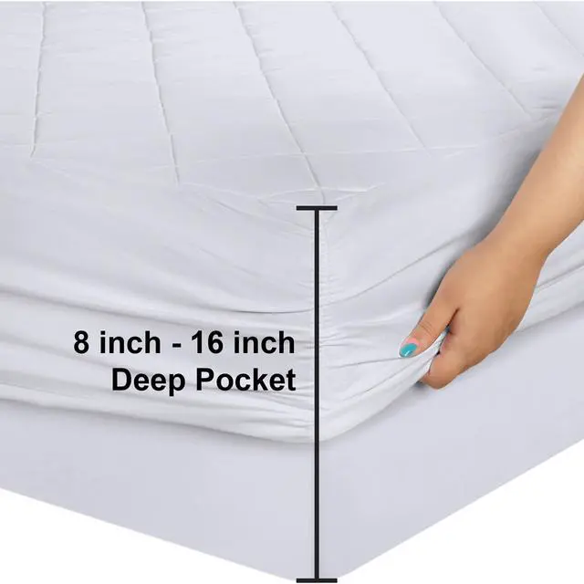 Alt view image 3 of 7 - Quilted Fitted Mattress Pad, Queen Size, Elastic Fitted Mattress Topper Protector and Cover with Deep Pocket Stretches up to 16 Inches, Machine Washable (White)