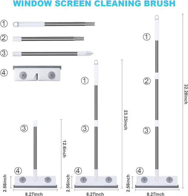 Alt view image 6 of 6 - Mesh Screen Cleaner, Glass Wiper, Dust Paper Clip3 in 1 Wet and Dry Screen Cleaner with Long Handle Wiper for Shower, Glass, Floor, Tile Walls, Car Windshield, White