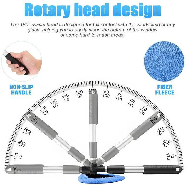 Alt view image 3 of 6 - Windshield Cleaning Tool, Car Window Cleaner with Extendable Long Handle and 4 Washable Reusable Microfiber Pads, Auto Interior Exterior Glass Wiper Cleaning Kit Universal for Office and Home (Blue)