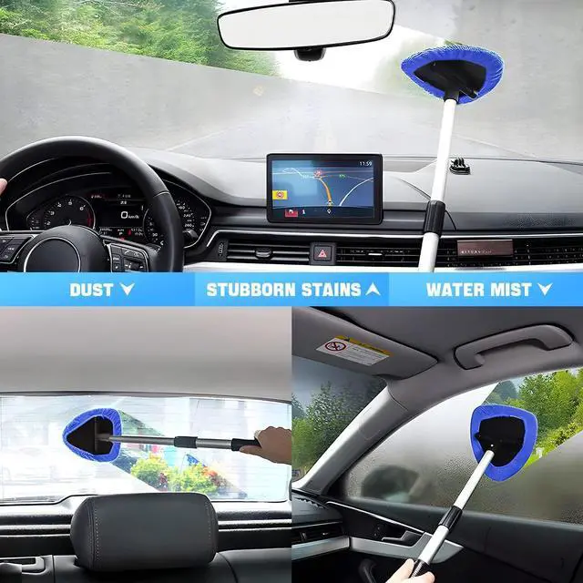 Alt view image 5 of 6 - Windshield Cleaning Tool, Car Window Cleaner with Extendable Long Handle and 4 Washable Reusable Microfiber Pads, Auto Interior Exterior Glass Wiper Cleaning Kit Universal for Office and Home (Blue)