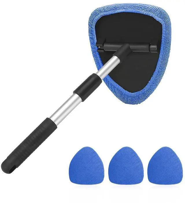 Main image of Windshield Cleaning Tool, Car Window Cleaner with Extendable Long Handle and 4 Washable Reusable Microfiber Pads, Auto Interior Exterior Glass Wiper Cleaning Kit Universal for Office and Home (Blue)