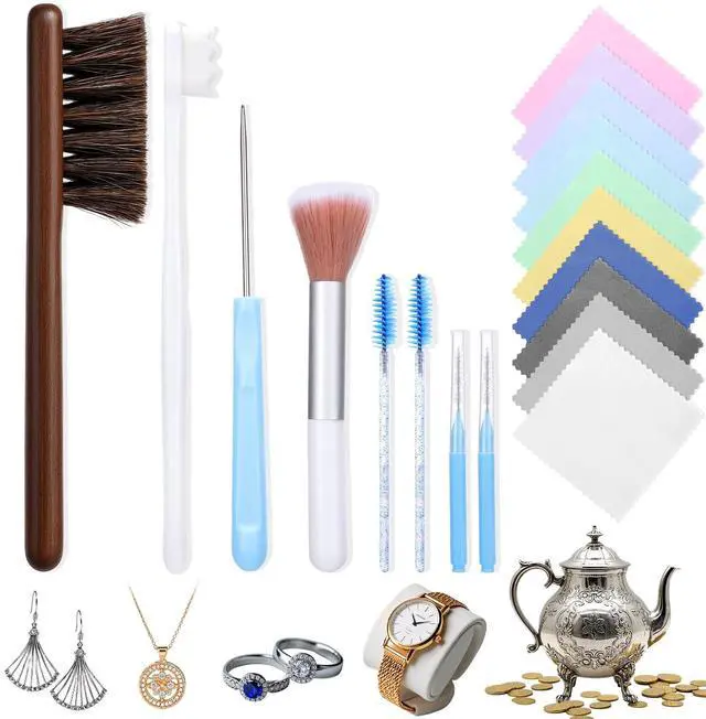 Main image of Jewelry Cleaning Kit,18 Pcs Jewelry Cleaner Brush Tool Set-Cleaning Polishing Cloth,Big&Small Hole Brush,Needles and Crevice Brush for All Jewelry,Ring,Gold,Diamond,Earring,Sterling Silver