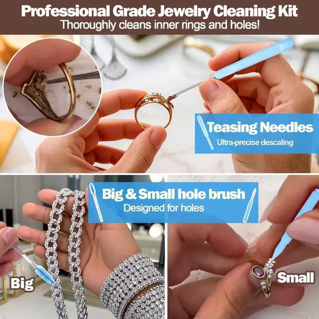 Alt view image 3 of 7 - Jewelry Cleaning Kit,18 Pcs Jewelry Cleaner Brush Tool Set-Cleaning Polishing Cloth,Big&Small Hole Brush,Needles and Crevice Brush for All Jewelry,Ring,Gold,Diamond,Earring,Sterling Silver