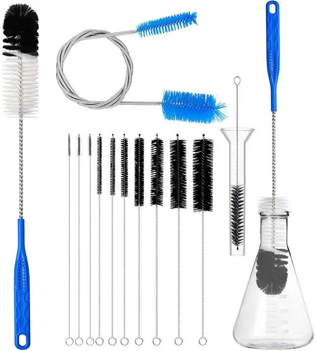 Main image of 12Pcs Glass Tube Pipe Cleaners Brush Kit,Long Nylon Straw Brush for Glass Funnel and Bottle,17-inch Long Handle,8.2-in Different Diameters Brushes,35-in Flexible Double-Ended Hose Tool (Blue)