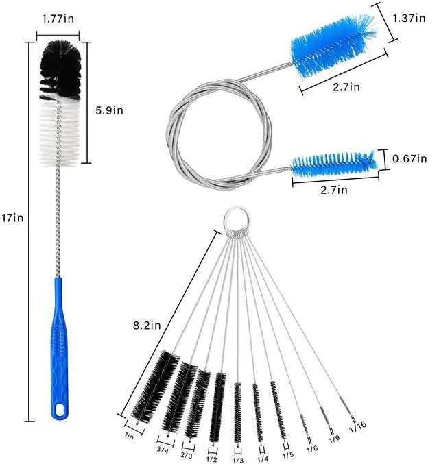 Alt view image 2 of 6 - 12Pcs Glass Tube Pipe Cleaners Brush Kit,Long Nylon Straw Brush for Glass Funnel and Bottle,17-inch Long Handle,8.2-in Different Diameters Brushes,35-in Flexible Double-Ended Hose Tool (Blue)