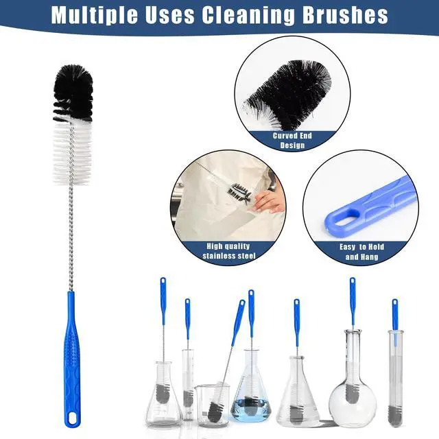 Alt view image 3 of 6 - 12Pcs Glass Tube Pipe Cleaners Brush Kit,Long Nylon Straw Brush for Glass Funnel and Bottle,17-inch Long Handle,8.2-in Different Diameters Brushes,35-in Flexible Double-Ended Hose Tool (Blue)