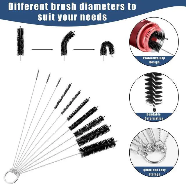 Alt view image 5 of 6 - 12Pcs Glass Tube Pipe Cleaners Brush Kit,Long Nylon Straw Brush for Glass Funnel and Bottle,17-inch Long Handle,8.2-in Different Diameters Brushes,35-in Flexible Double-Ended Hose Tool (Blue)
