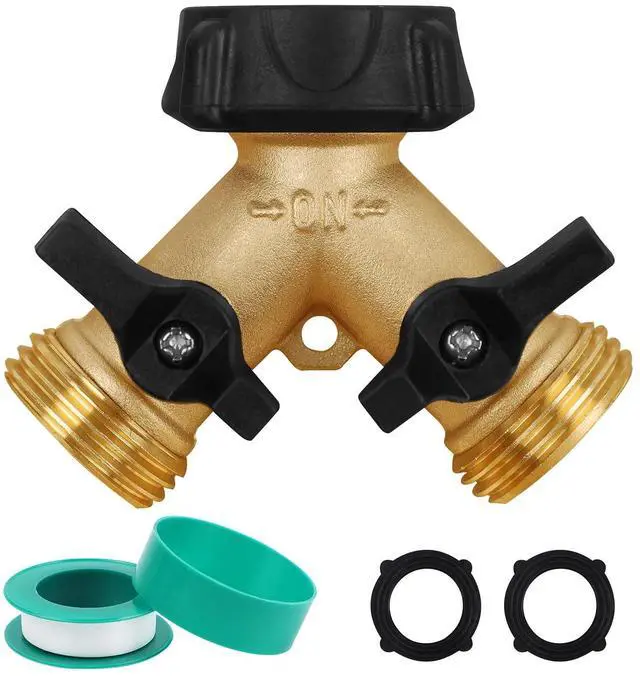 Main image of Garden Hose Splitter 2 Way, Heavy Duty Brass Connector Tap Splitter, Y Splitter 2 Valves with 2 Extra Rubber Washers
