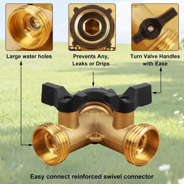 Alt view image 2 of 7 - Garden Hose Splitter 2 Way, Heavy Duty Brass Connector Tap Splitter, Y Splitter 2 Valves with 2 Extra Rubber Washers