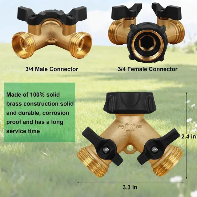 Alt view image 3 of 7 - Garden Hose Splitter 2 Way, Heavy Duty Brass Connector Tap Splitter, Y Splitter 2 Valves with 2 Extra Rubber Washers