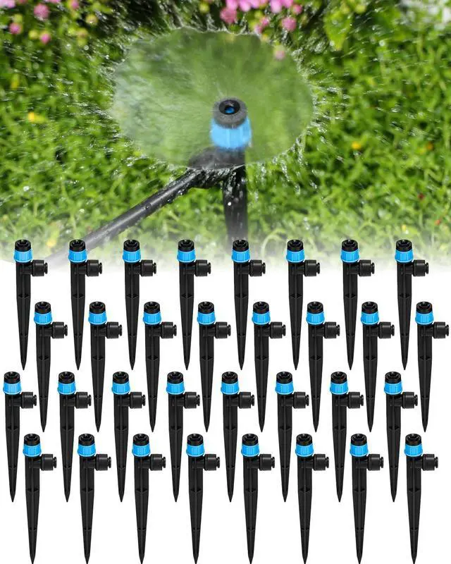 Main image of 36Pack Drip Irrigation Parts, Quick Connect 1/4" Adjustable 360° Emitter Sprinklers with 6" Stake, Easy-Clean for Garden & Farm Irrigation Systems