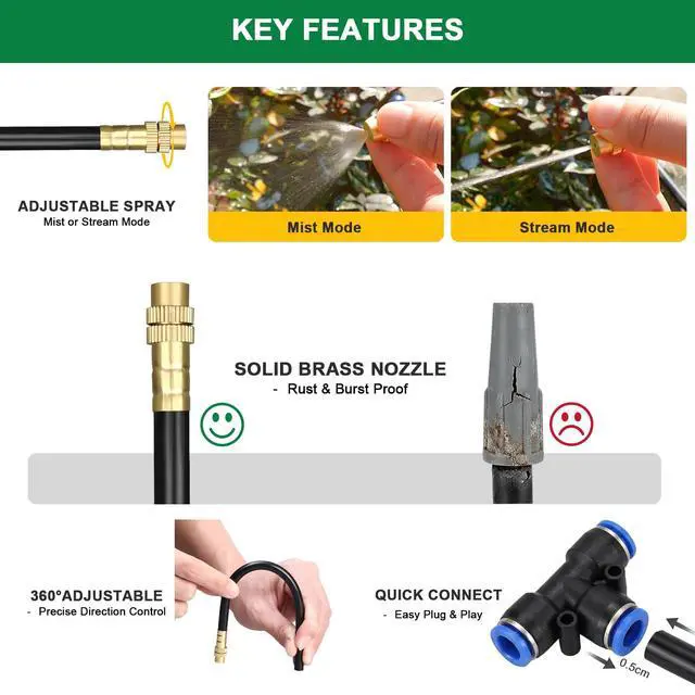 Alt view image 5 of 7 - Drip Irrigation System, 2026-Upgrade 20Ft 1/4" Garden Watering System with 5 Pcs 360° Adjustable Copper Nozzles, DIY Kit for Garden, Lawn, Greenhouse, Raised Beds & Outdoor Plants