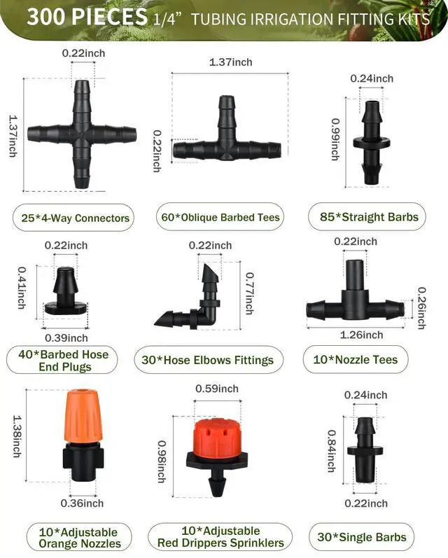 Alt view image 2 of 7 - 300Pcs Drip Irrigation Fittings Kit for 1/4" Tubing, Drip Line Connectors for Drip Systems- Drip Emitters, Nozzles, Nozzle Tees, Single barbs, 4-Way Connectors, End Plugs, Elbows, Tees, Couplings
