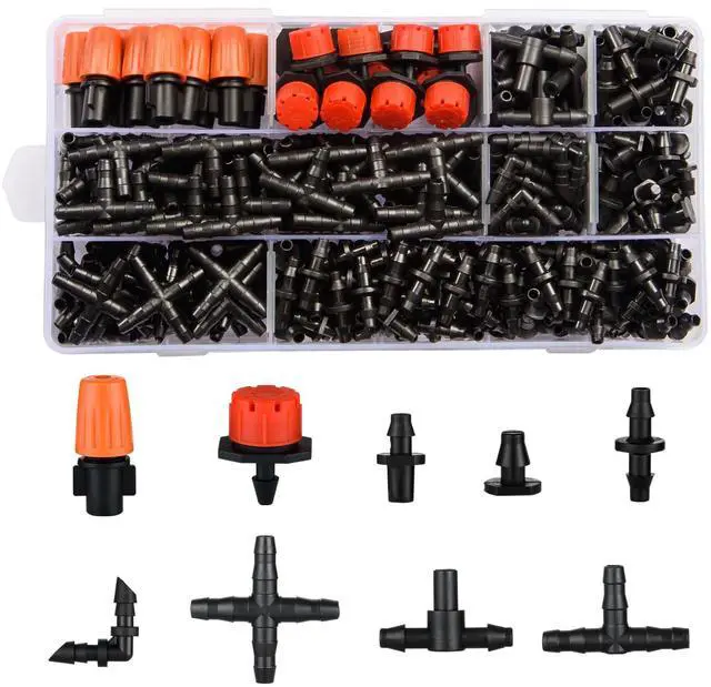 Main image of 300Pcs Drip Irrigation Fittings Kit for 1/4" Tubing, Drip Line Connectors for Drip Systems- Drip Emitters, Nozzles, Nozzle Tees, Single barbs, 4-Way Connectors, End Plugs, Elbows, Tees, Couplings