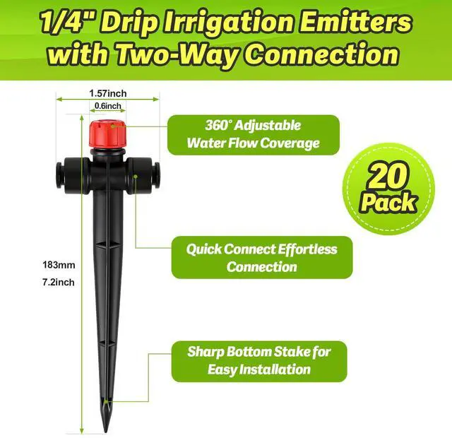 Alt view image 2 of 7 - 20 Pack Quick Connect Two-Way Drip Emitters with Stake for 1/4" Irrigation Tubing, Adjustable 360 Degree Water Flow Irrigation Sprayer On 5" Stake Garden Irrigation Dripper for Watering System