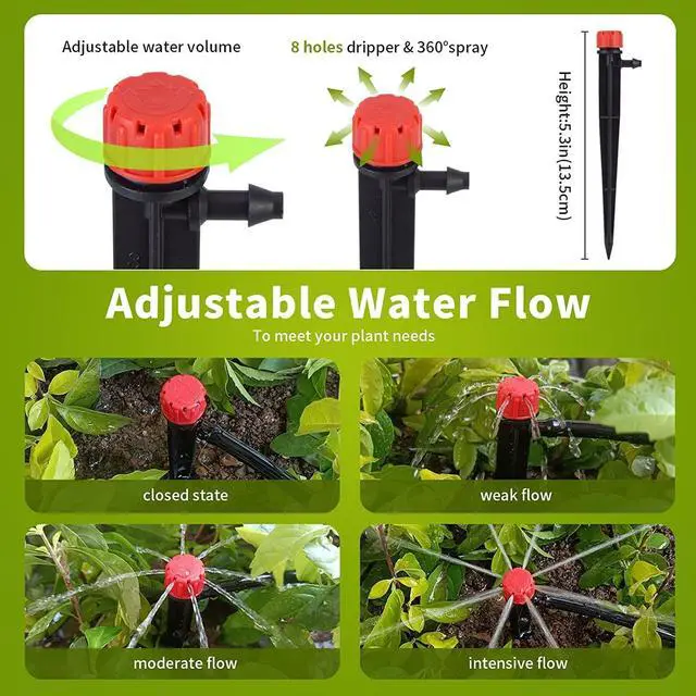 Alt view image 2 of 7 - 100 pcs Drip Emitters for 1/4" Drip Irrigation Tubing, Adjustable 360 Degree Water Flow Drippers for Drip Irrigation on 5" Arrow Stake for Garden Watering System Flower Plant