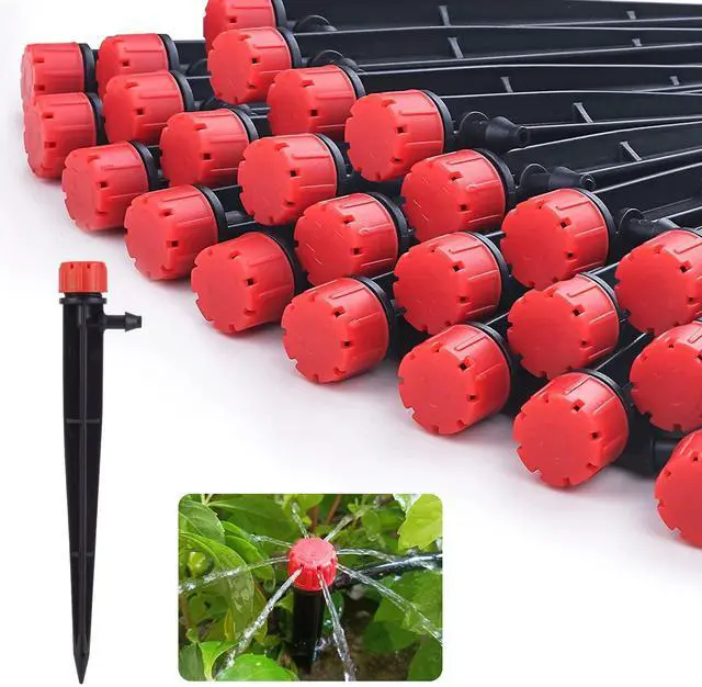 Main image of 100 pcs Drip Emitters for 1/4" Drip Irrigation Tubing, Adjustable 360 Degree Water Flow Drippers for Drip Irrigation on 5" Arrow Stake for Garden Watering System Flower Plant