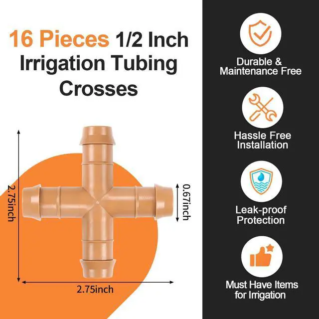 Alt view image 2 of 7 - 16 Pieces Drip Irrigation Cross Fittings, 1/2'' Dripline Barbed Cross Tee Connectors for 1/2 Inch Irrigation Tubing 4-Way T for Garden Sprinkler Systems