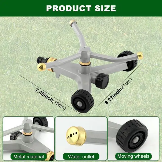 Alt view image 2 of 7 - Metal Rotating Water Sprinkler for Lawn, 3-Arm Metal Sprinkler with Wheel Base, 360 Degree Automatic Rotary Sprinkler, Quiet Operation for Yard Garden