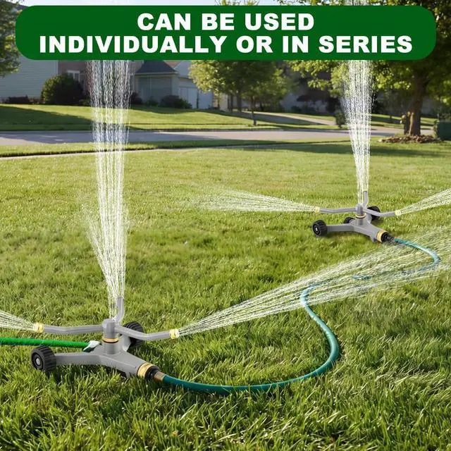 Alt view image 3 of 7 - Metal Rotating Water Sprinkler for Lawn, 3-Arm Metal Sprinkler with Wheel Base, 360 Degree Automatic Rotary Sprinkler, Quiet Operation for Yard Garden