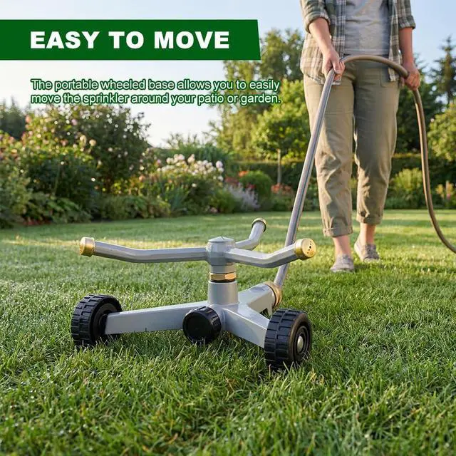 Alt view image 4 of 7 - Metal Rotating Water Sprinkler for Lawn, 3-Arm Metal Sprinkler with Wheel Base, 360 Degree Automatic Rotary Sprinkler, Quiet Operation for Yard Garden