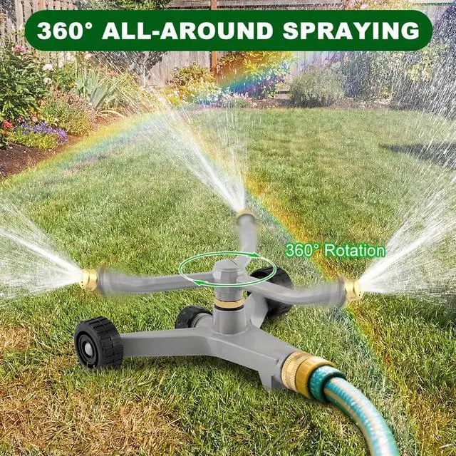 Alt view image 5 of 7 - Metal Rotating Water Sprinkler for Lawn, 3-Arm Metal Sprinkler with Wheel Base, 360 Degree Automatic Rotary Sprinkler, Quiet Operation for Yard Garden