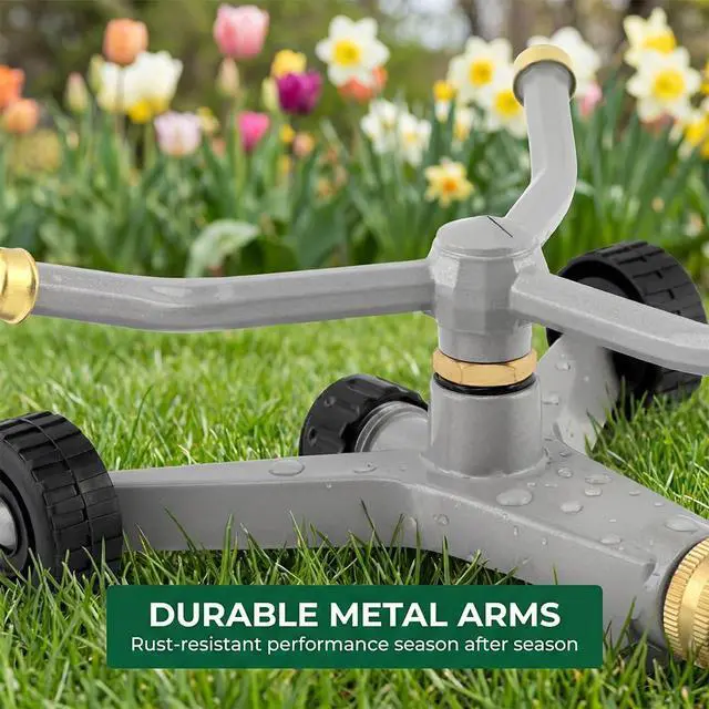 Alt view image 6 of 7 - Metal Rotating Water Sprinkler for Lawn, 3-Arm Metal Sprinkler with Wheel Base, 360 Degree Automatic Rotary Sprinkler, Quiet Operation for Yard Garden