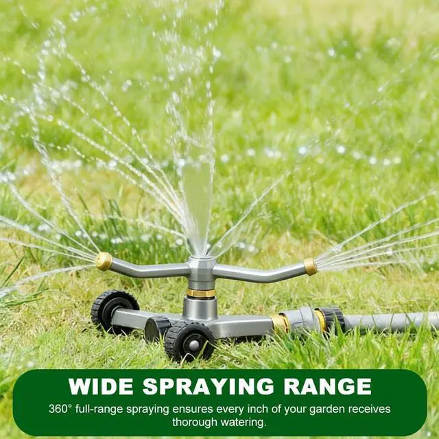 Alt view image 7 of 7 - Metal Rotating Water Sprinkler for Lawn, 3-Arm Metal Sprinkler with Wheel Base, 360 Degree Automatic Rotary Sprinkler, Quiet Operation for Yard Garden