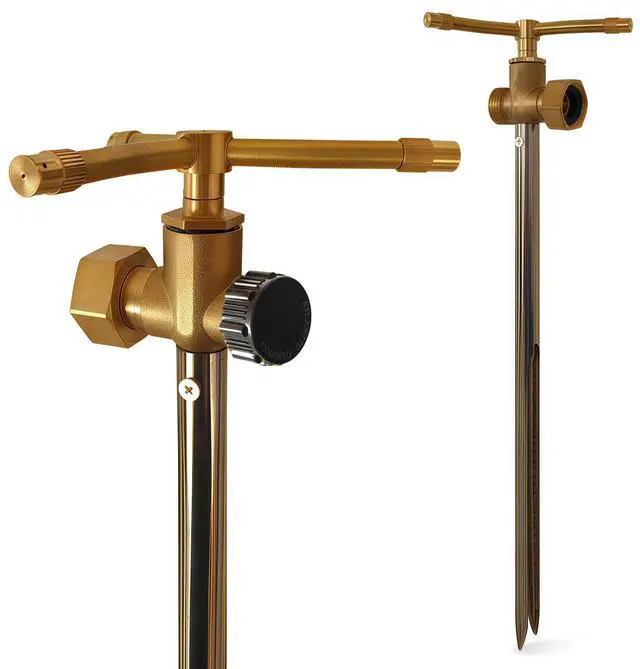 Main image of 3-Head Solid Brass Sprinkler Heavy Duty Stainless Steel Spike with 6-Outlet Efficient Irrigation for Lawn, Garden & Farm | Water-Saving Design with Male/Female Hose Connections (1)